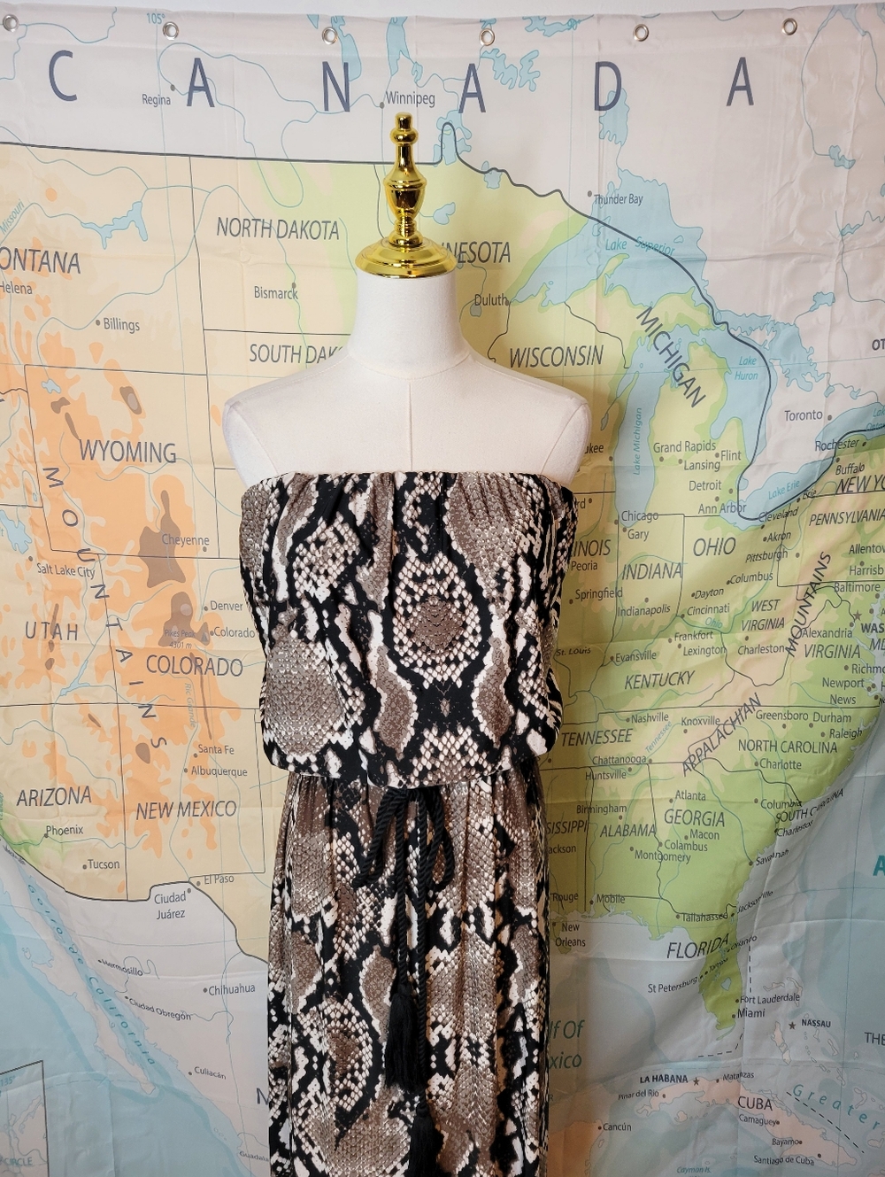 Blooming Rose Strapless Snake Print Maxi Dress in Brown and Black - Picture 2 of 15
